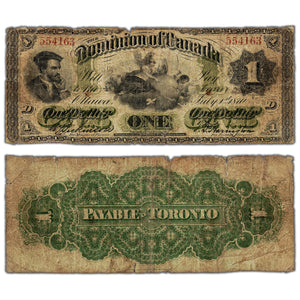 SOLD $1 1870 Dominion of Canada Note Payable at Toronto DC-2b - Tears/Holes