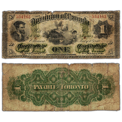 SOLD $1 1870 Dominion of Canada Note Payable at Toronto DC-2b - Tears/Holes