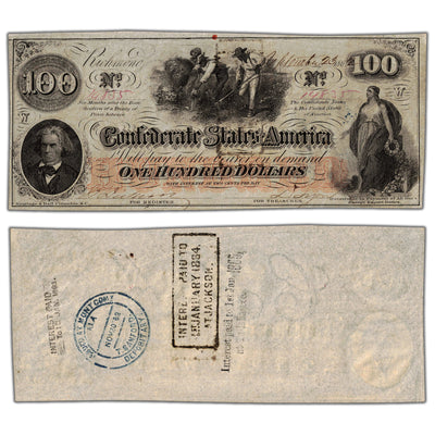 SOLD United States 1862 Confederate States of America $100 Note T-41 - AU