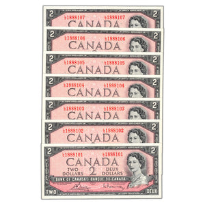 SOLD $2 1954 Bank of Canada Notes L/G Changeover Prefix BC-38c - 7 Consecutive