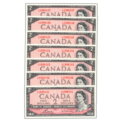 SOLD $2 1954 Bank of Canada Notes L/G Changeover Prefix BC-38c - 7 Consecutive
