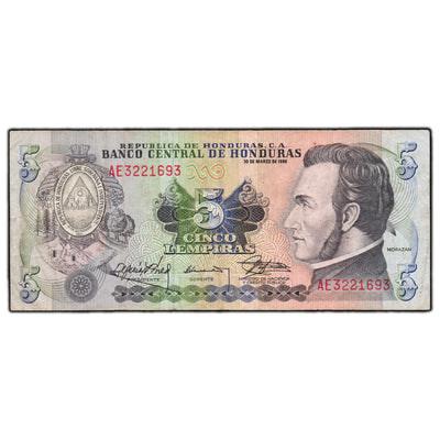 SOLD Honduras 1989 5 Lempiras Note P #63b