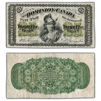 SOLD 25 Cents 1870 Dominion of Canada Shinplaster Note Plain DC-1c - F/VF