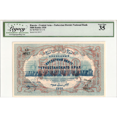 SOLD Russia Turkestan District National Bank 1920 5000 Rubles Note P #S1174 - Legacy VF-35
