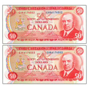 SOLD $50 1975 Bank of Canada Notes EHK Prefix BC-51b - 2 Consecutive Choice UNC