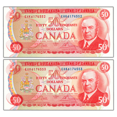 SOLD $50 1975 Bank of Canada Notes EHK Prefix BC-51b - 2 Consecutive Choice UNC