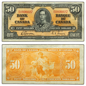 SOLD $50 1937 Bank of Canada Note Gordon-Towers B/H Prefix BC-26b - VF