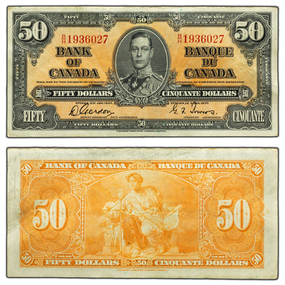 SOLD $50 1937 Bank of Canada Note Gordon-Towers B/H Prefix BC-26b - VF