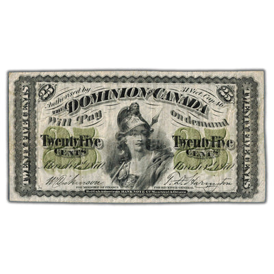 SOLD 25 Cents 1870 Dominion of Canada Shinplaster Note Plain DC-1c - F/VF