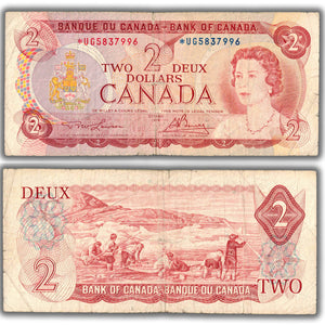 SOLD $2 1974 Bank of Canada Note Lawson-Bouey *UG Replacement Prefix BC-47aA