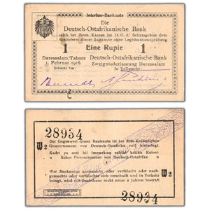 SOLD German East Africa 1916 1 One Rupie Note - EF
