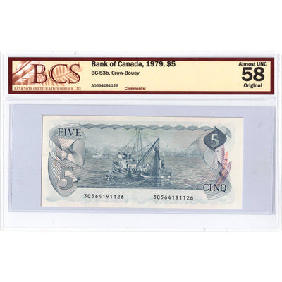SOLD $5 1979 Bank of Canada Note Crow-Bouey BC-53b - BCS AU-58