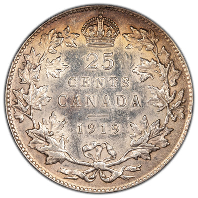 Canada 1919 25 Cents Quarter Silver Coin - Cleaned