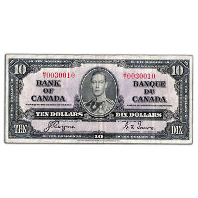 $10 1937 Bank of Canada Note Coyne-Towers M/T Prefix BC-24c - VF (minor tear)