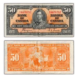 SOLD $50 1937 Bank of Canada Note Coyne-Towers B/H Prefix BC-26c - Minor Edge Tears