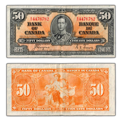 SOLD $50 1937 Bank of Canada Note Coyne-Towers B/H Prefix BC-26c - Minor Edge Tears