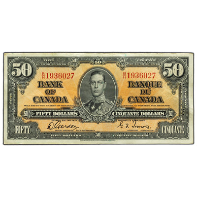 SOLD $50 1937 Bank of Canada Note Gordon-Towers B/H Prefix BC-26b - VF
