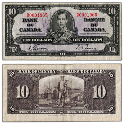 $10 1937 Bank of Canada Note Birth Year Serial #1965 BC-24b - Writing