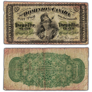 SOLD 25 Cents 1870 Dominion of Canada Shinplaster Note Plain DC-1c - VG/F (minor issues)