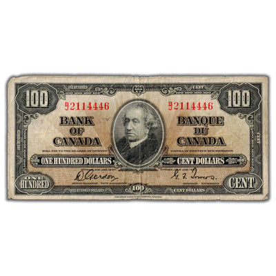 SOLD $100 1937 Bank of Canada Note Gordon-Towers BC-27b - Minor Writing/Tear