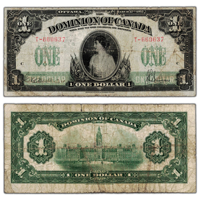 SOLD $1 1917 Dominion of Canada Note Saunders Series T DC-23b - Small Tear
