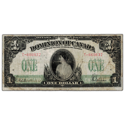 SOLD $1 1917 Dominion of Canada Note Saunders Series T DC-23b - Small Tear