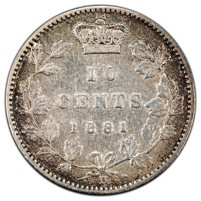 Canada 1881-H Obverse 2 10 Cents Dime Silver Coin - Very Fine (lt. cleaned)