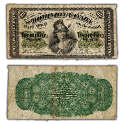 25 Cents 1870 Dominion of Canada Shinplaster Note Plain DC-1c - Fine