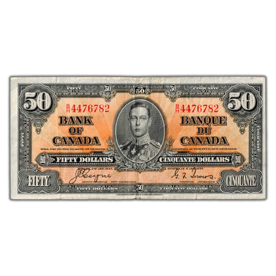 SOLD $50 1937 Bank of Canada Note Coyne-Towers B/H Prefix BC-26c - Minor Edge Tears