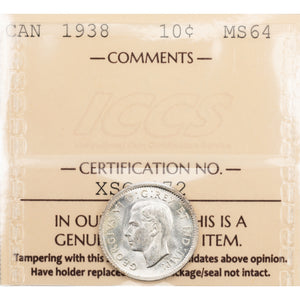 SOLD Canada 1938 10 Cents Dime Silver Coin - ICCS MS-64