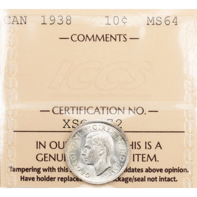 SOLD Canada 1938 10 Cents Dime Silver Coin - ICCS MS-64