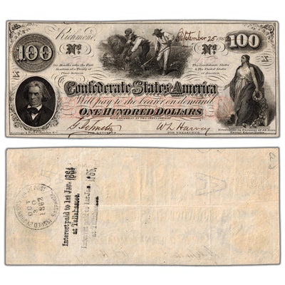 SOLD United States 1862 Confederate States of America $100 Note T-41 - Pinholes