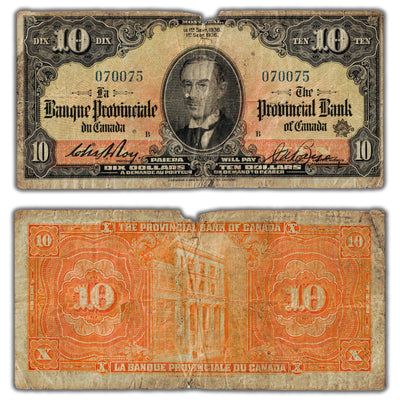 SOLD $10 1936 Banque Provinciale du Canada Chartered Note CH #615-18-06 - Damage