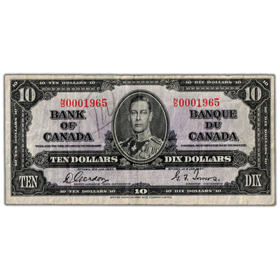 $10 1937 Bank of Canada Note Birth Year Serial #1965 BC-24b - Writing