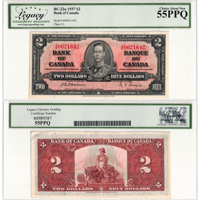 $2 1937 Bank of Canada Note Osborne Signature A/B Prefix BC-22a - Legacy AU-55 PPQ