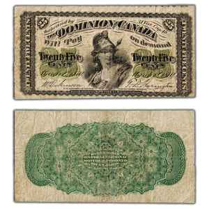 SOLD 25 Cents 1870 Dominion of Canada Shinplaster Note Plain DC-1c - Fine