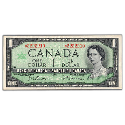 $1 1967 Bank of Canada Note L/Prefix BC-45b-i - Neat Serial 2222210