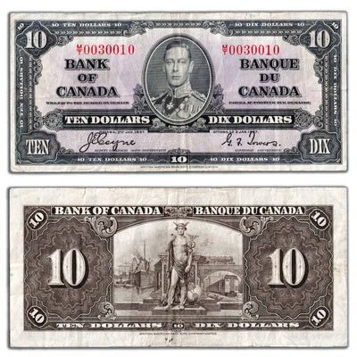 $10 1937 Bank of Canada Note Coyne-Towers M/T Prefix BC-24c - VF (minor tear)