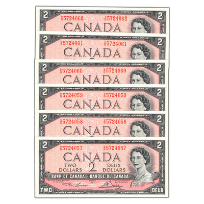SOLD $2 1954 Bank of Canada Notes V/G Prefix BC-38d - 6 Consecutive