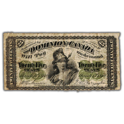 25 Cents 1870 Dominion of Canada Shinplaster Note Plain DC-1c - Fine