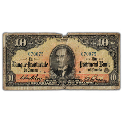 SOLD $10 1936 Banque Provinciale du Canada Chartered Note CH #615-18-06 - Damage