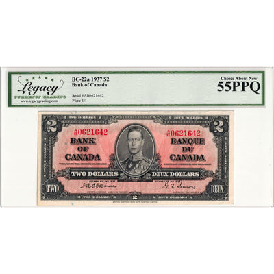 $2 1937 Bank of Canada Note Osborne Signature A/B Prefix BC-22a - Legacy AU-55 PPQ