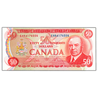 SOLD $50 1975 Bank of Canada Note Crow-Bouey EHK Prefix BC-51b - Choice Uncirculated