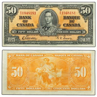 SOLD $50 1937 Bank of Canada Note Gordon-Towers B/H Prefix BC-26b - VF