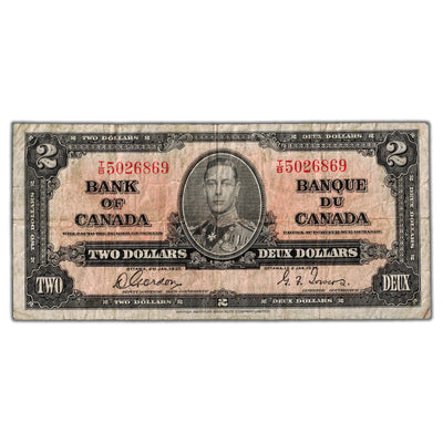 $2 1937 Bank of Canada Note Gordon-Towers T/B Prefix BC-22b - Circulated