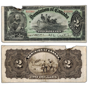 $2 1897 Dominion of Canada Note Courtney Dark Brown Back DC-14b - Damaged