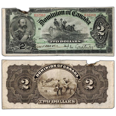 $2 1897 Dominion of Canada Note Courtney Dark Brown Back DC-14b - Damaged