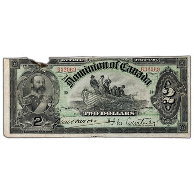 $2 1897 Dominion of Canada Note Courtney Dark Brown Back DC-14b - Damaged