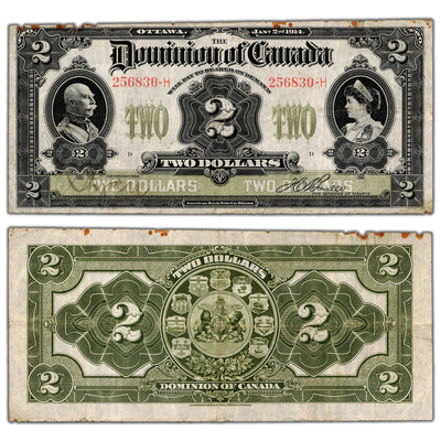 $2 1914 Dominion of Canada Note No Seal Series H DC-22a-i - VF (rust/missing small bits)