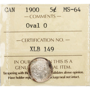 Canada 1900 Oval '0' 5 Cents Silver Coin - ICCS MS-64